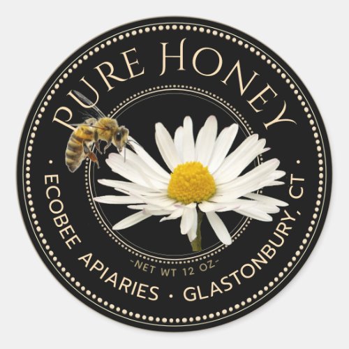 Realistic Bee and Daisy Honey Label Black