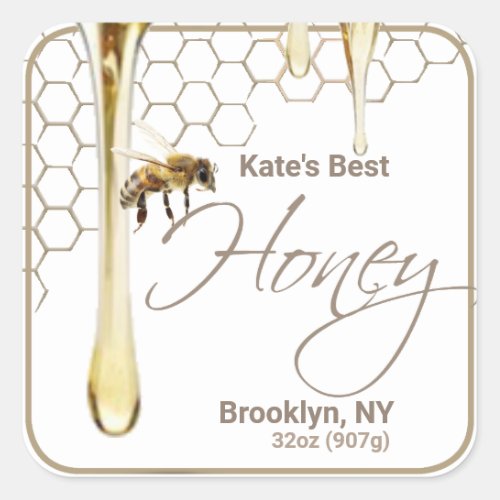 Realistic Bee Honeycomb Honey Drip Label Square 