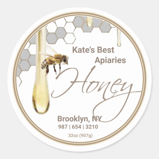 Realistic Bee Honeycomb Honey drip label white (Front)