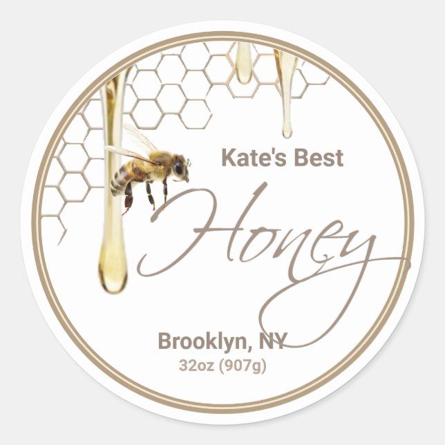 Realistic Bee Honeycomb Honey drip label white (Front)