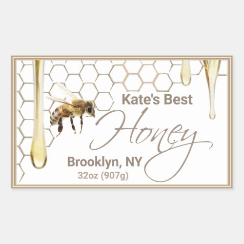 Realistic Bee Honeycomb Honey Drip Rectangle label