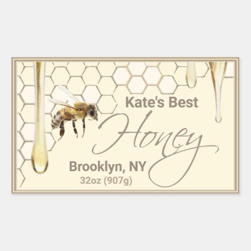 Realistic Bee Honeycomb Honey Drip Rectangle label