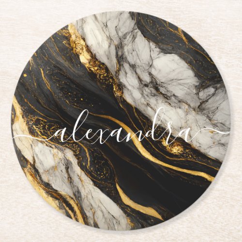 Realistic Black White Gold Marble Elegant Modern Round Paper Coaster