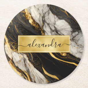 Realistic Black White Gold Marble Elegant Modern Round Paper Coaster