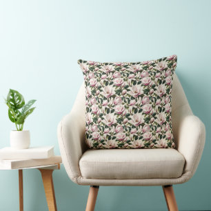 Realistic Blooming Magnolia Painting Throw Pillow