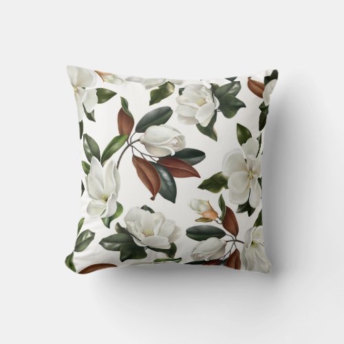 Realistic botanical magnolia flowers and leaves  throw pillow