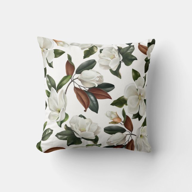 Realistic botanical magnolia flowers and leaves  throw pillow (Front)