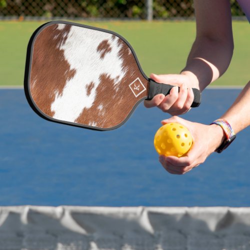 Realistic brown and white cowhide texture monogram pickleball paddle