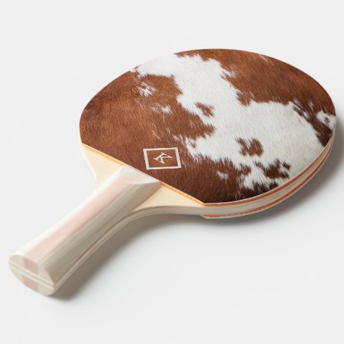 Realistic brown and white cowhide texture monogram ping pong paddle