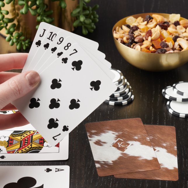 Realistic brown and white cowhide texture monogram poker cards (In Situ)