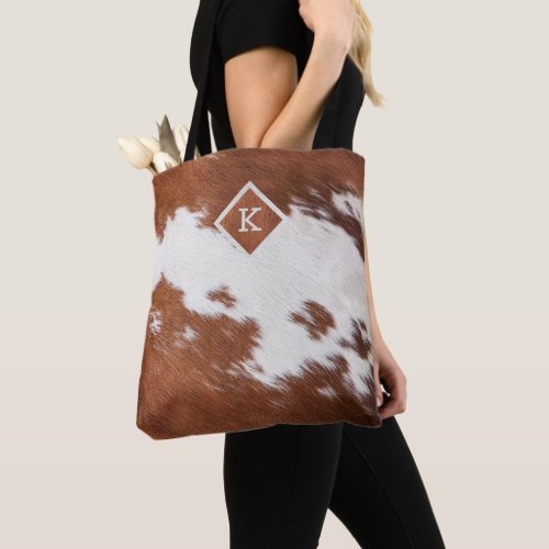 Realistic brown and white cowhide texture monogram tote bag