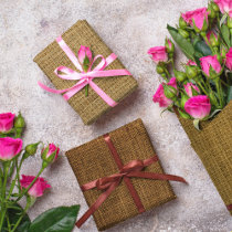 Simple gift wrap. Burlap, rustic linen, and classic brown wrapping paper  with some twine wrapped around…