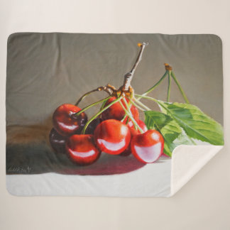 Realistic Cherry Still Life with Leaves Fine Art Sherpa Blanket