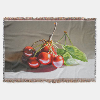 Realistic Cherry Still Life with Leaves Fine Art Throw Blanket