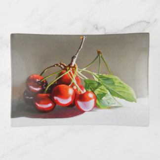 Realistic Cherry Still Life with Leaves Fine Art Trinket Tray