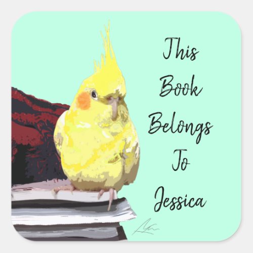 Realistic Cockatiel Bird Perched on Books Art Cute Square Sticker