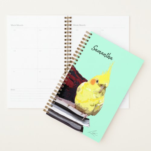 Realistic Cockatiel Bird Perched on Books Painting Planner