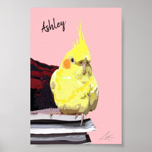 Realistic Cockatiel Bird Perched on Books Painting Poster