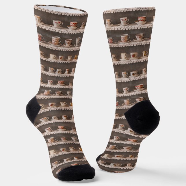  Realistic Coffee Tea Cups On Shelves Cute Pattern Socks (Angled)