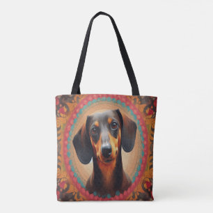 Realistic Colorful Border Cute Dachshund Dog lover Tote Bag