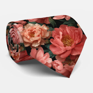 Realistic Coral Peony Floral Pattern Neck Tie
