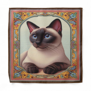 Realistic Cute Siamese Cat Colorful Floral Border Bandana