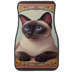 Realistic Cute Siamese Cat Colorful Floral Border Car Floor Mat