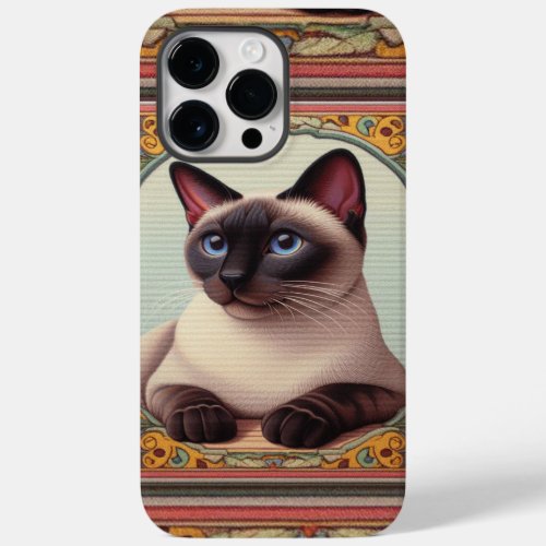 Realistic Cute Siamese Cat Colorful Floral Border Case_Mate iPhone 14 Pro Max Case