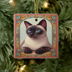 Realistic Cute Siamese Cat Colorful Floral Border Ceramic Ornament
