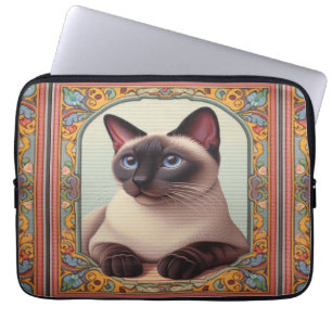 Realistic Cute Siamese Cat Colorful Floral Border Laptop Sleeve