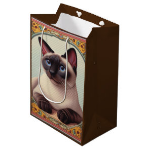 Realistic Cute Siamese Cat Colorful Floral Border Medium Gift Bag