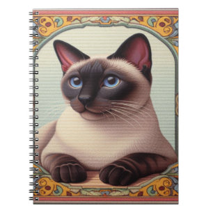 Realistic Cute Siamese Cat Colorful Floral Border Notebook