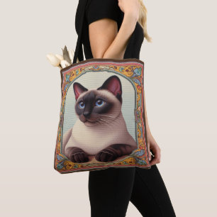 Realistic Cute Siamese Cat Colorful Floral Border Tote Bag