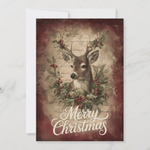 Realistic Deer with Wreath & Rustic Red Holiday Card