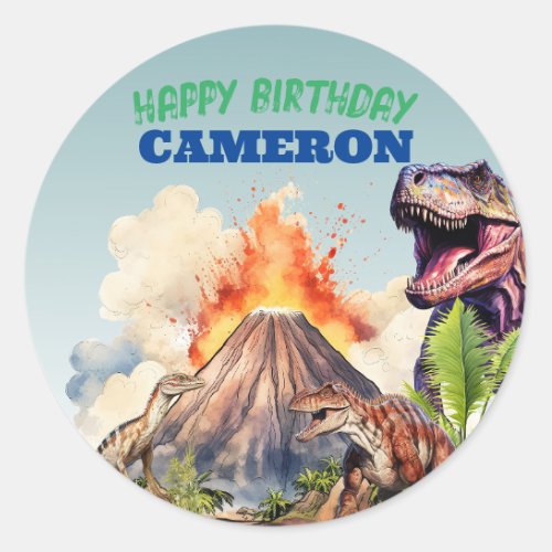 Realistic Dinosaurs and Volcano Custom Name Classic Round Sticker