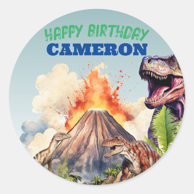 Realistic Dinosaurs and Volcano Custom Name Classic Round Sticker (Front)