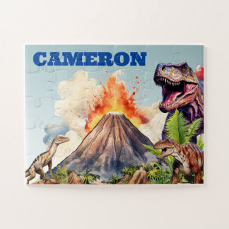 Realistic Dinosaurs and Volcano Custom Name Jigsaw Puzzle