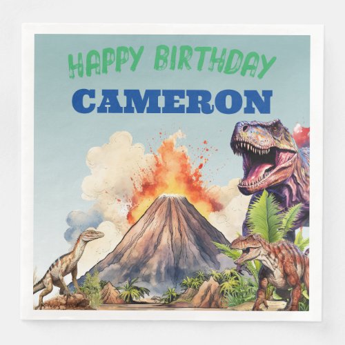 Realistic Dinosaurs and Volcano Custom Name Paper Dinner Napkins