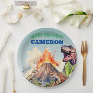 Realistic Dinosaurs and Volcano Custom Name Paper Plates