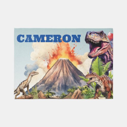 Realistic Dinosaurs and Volcano Custom Name Rug