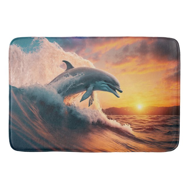 Realistic Dolphin Jumping Ocean Sunset Kids Adult  Bath Mat (Front)