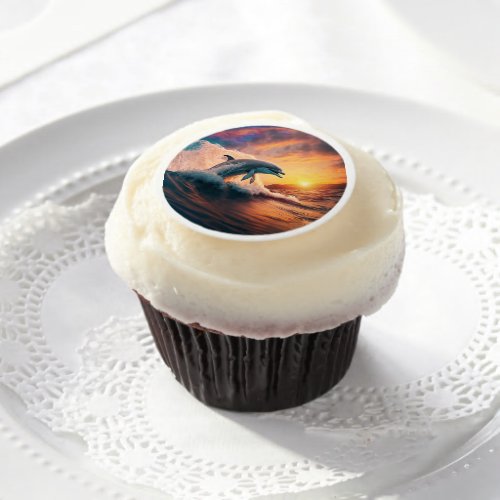 Realistic Dolphin Jumping Ocean Sunset Kids Adult  Edible Frosting Rounds