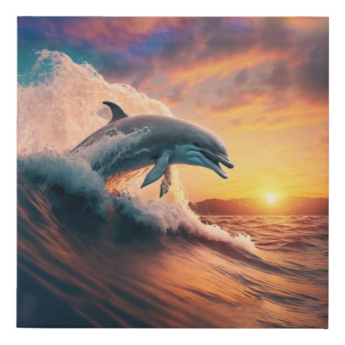 Realistic Dolphin Jumping Ocean Sunset Kids Adult  Faux Canvas Print