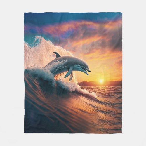 Realistic Dolphin Jumping Ocean Sunset Kids Adult  Fleece Blanket