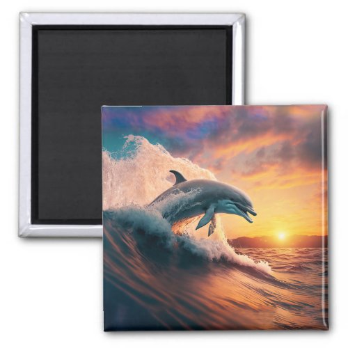 Realistic Dolphin Jumping Ocean Sunset Kids Adult Magnet