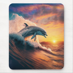 Realistic Dolphin Jumping Ocean Sunset Kids Adult Mouse Pad