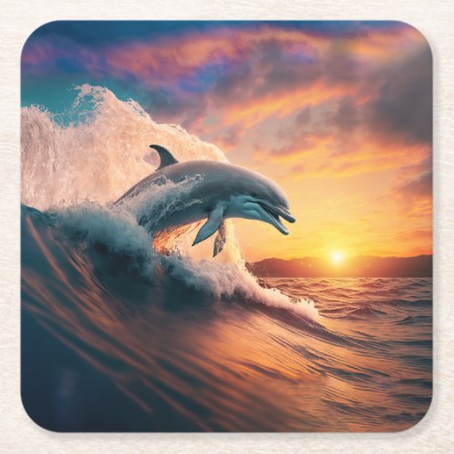 Realistic Dolphin Jumping Ocean Sunset Kids Adult  Square Paper Coaster