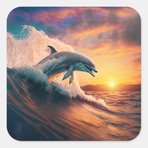 Realistic Dolphin Jumping Ocean Sunset Kids Adult Square Sticker