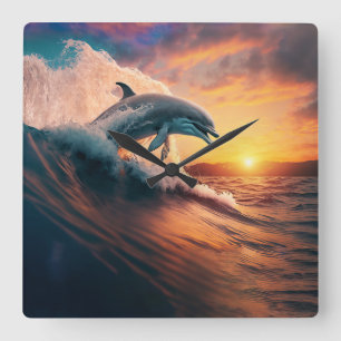 Realistic Dolphin Jumping Ocean Sunset Kids Adult Square Wall Clock