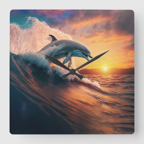 Realistic Dolphin Jumping Ocean Sunset Kids Adult Square Wall Clock